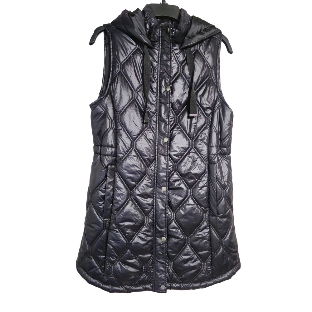 Maurices Quilted‎ Hooded Puffer Vest Black Snap Front Pockets Size S EUC